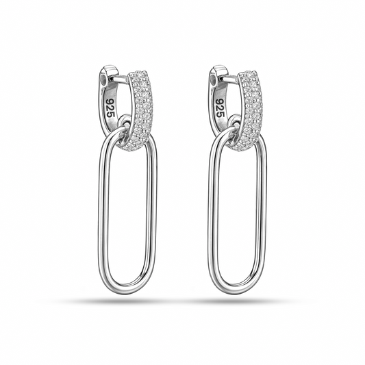 925 sterling silver hoop earrings with pave crystal detail and elongated oval drop by SILVAURA JEWELS