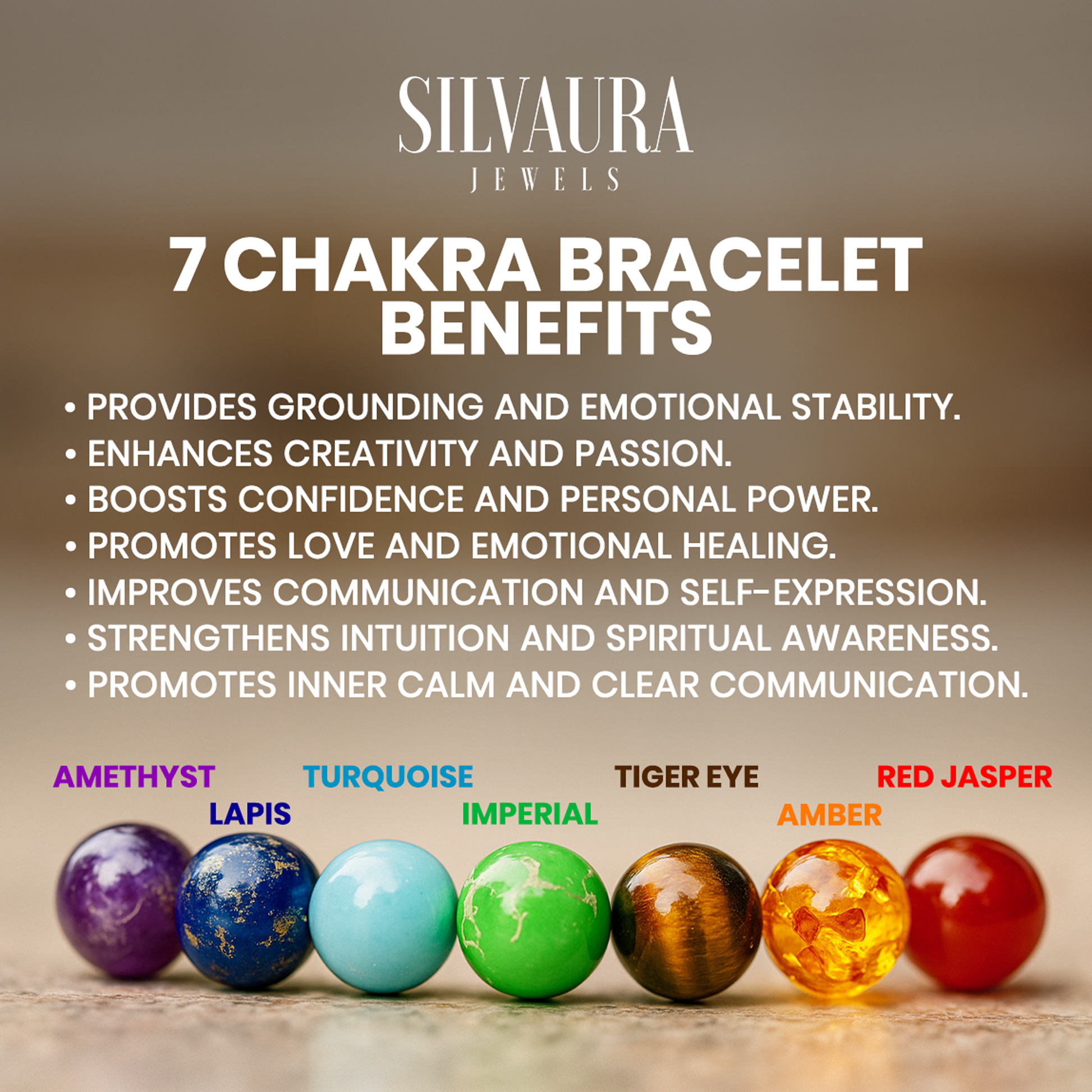 SILVAURA JEWELS 7 chakra bracelet benefits with amethyst lapis turquoise imperial tiger eye amber and red jasper stones