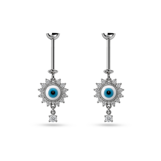 925 Sterling Silver Evil Eye Helix Earrings with blue eye charm and clear crystal dangle by SILVAURA
