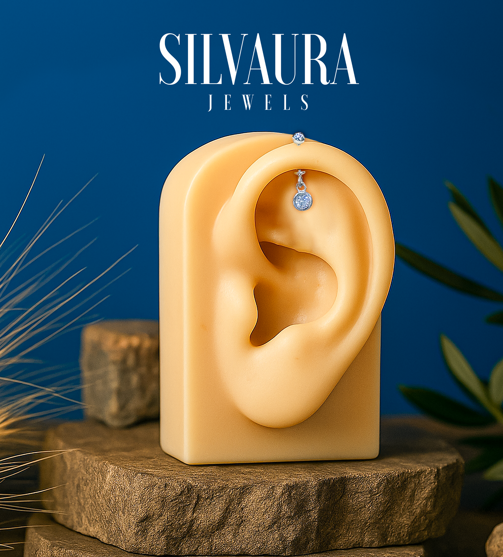 925 Sterling Silver Round Helix Earrings displayed on a realistic ear model by SILVAURA Jewels