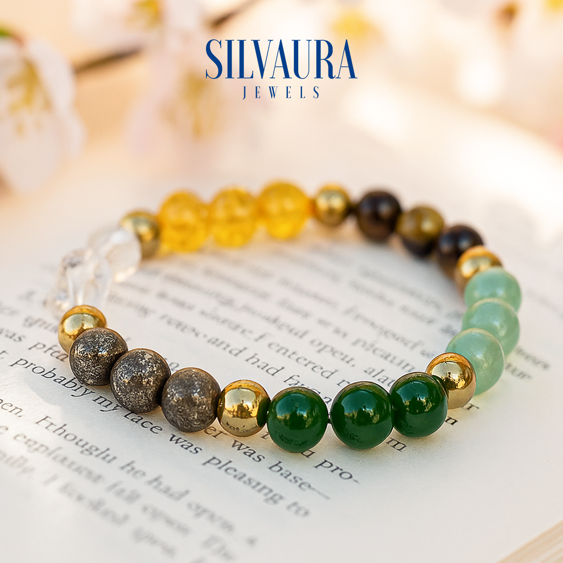 SILVAURA JEWELS semi precious stones Dhan Yog bracelet for wealth with multicolored beads on book