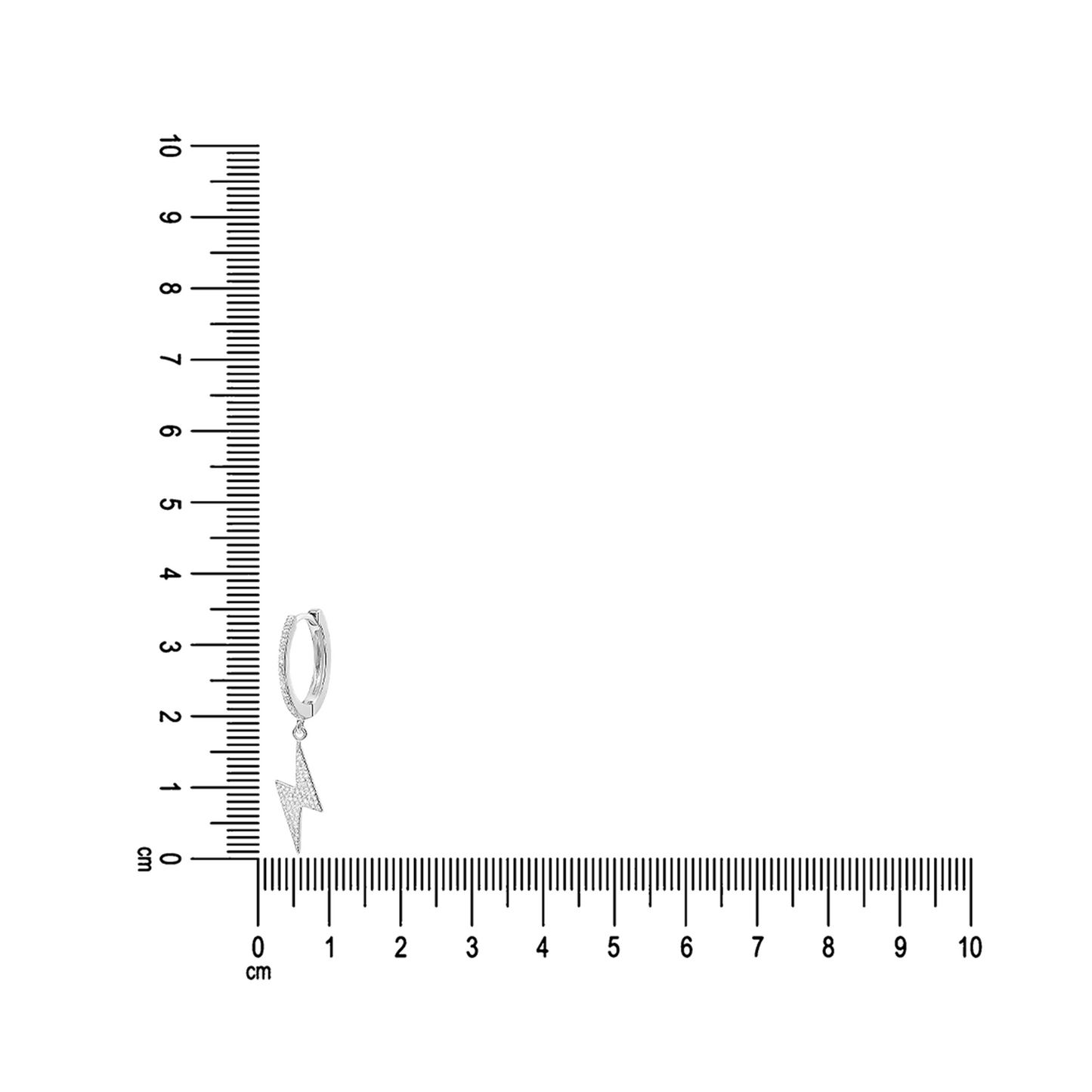 SILVAURA JEWELS sterling silver lightning bolt hoop earrings shown on centimeter ruler for size